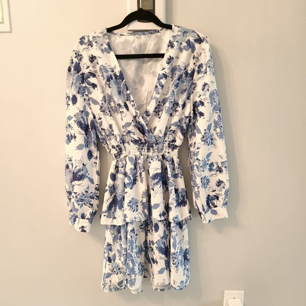 SHEIN : Floral Blue and White Women's Dress
